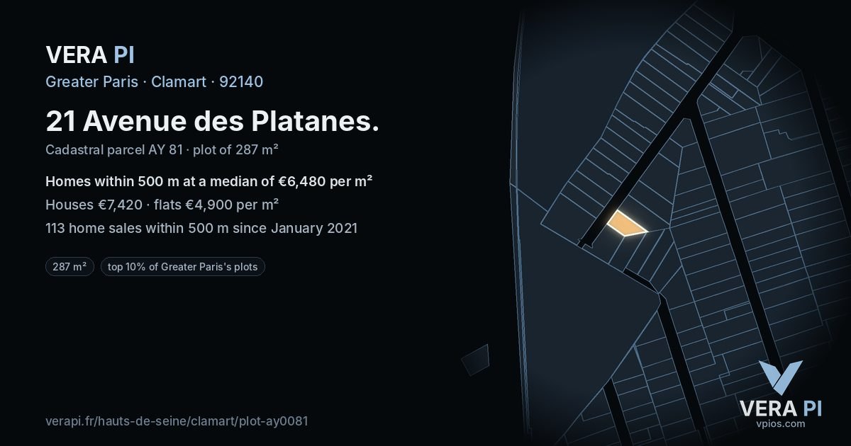 21 Avenue des Platanes, Clamart at night – the plot lit, the parcels around coloured by the prices near them