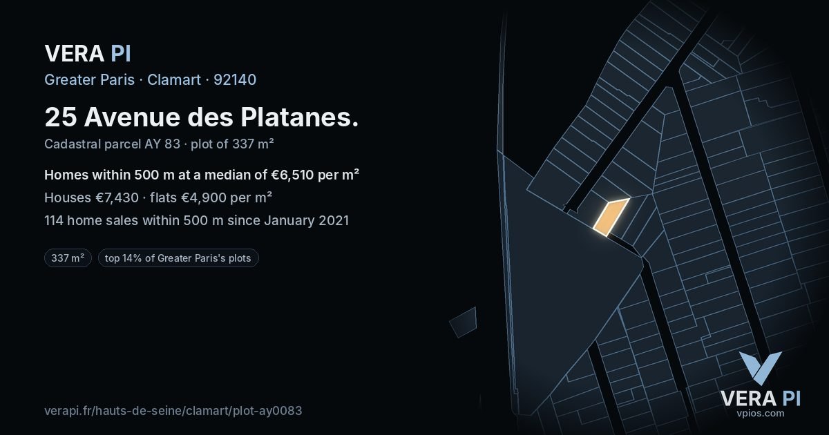 25 Avenue des Platanes, Clamart at night – the plot lit, the parcels around coloured by the prices near them