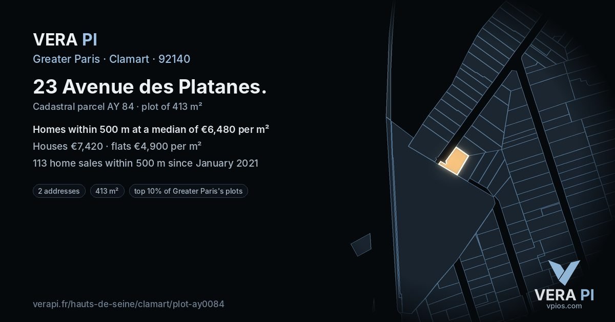 23 Avenue des Platanes, Clamart at night – the plot lit, the parcels around coloured by the prices near them