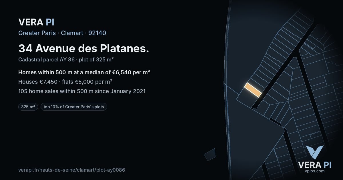 34 Avenue des Platanes, Clamart at night – the plot lit, the parcels around coloured by the prices near them