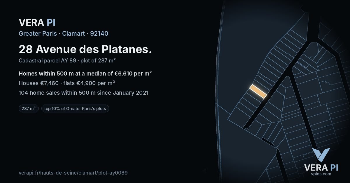 28 Avenue des Platanes, Clamart at night – the plot lit, the parcels around coloured by the prices near them