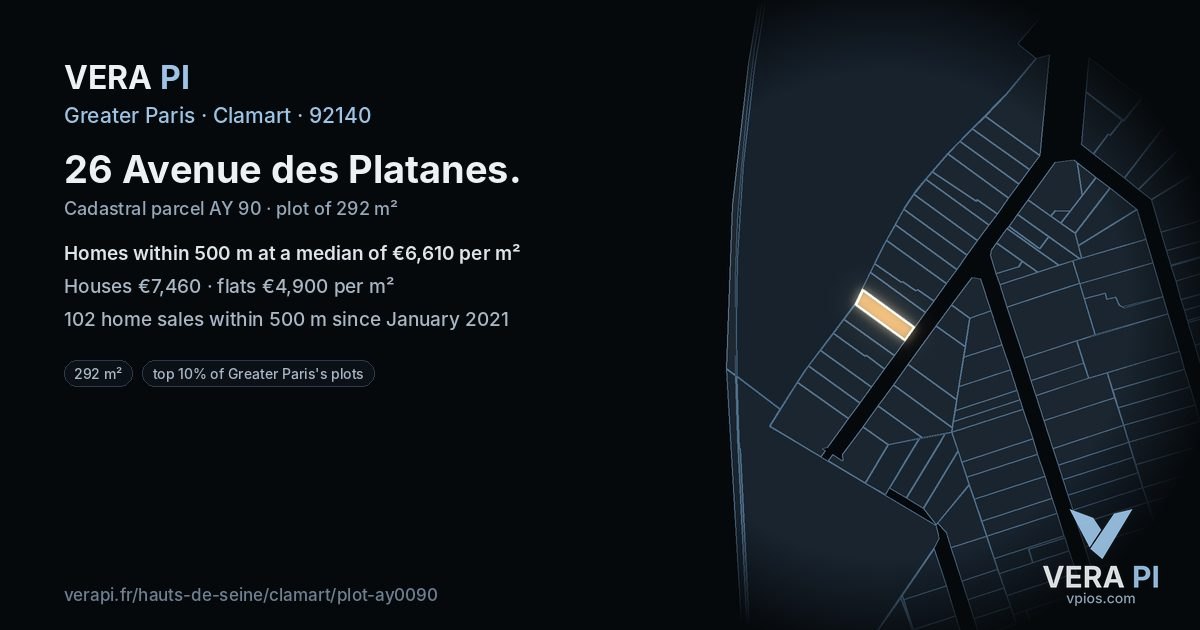 26 Avenue des Platanes, Clamart at night – the plot lit, the parcels around coloured by the prices near them