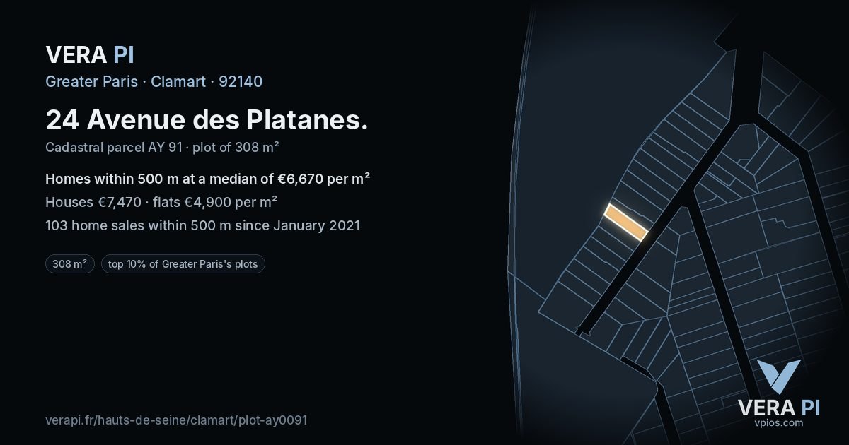 24 Avenue des Platanes, Clamart at night – the plot lit, the parcels around coloured by the prices near them