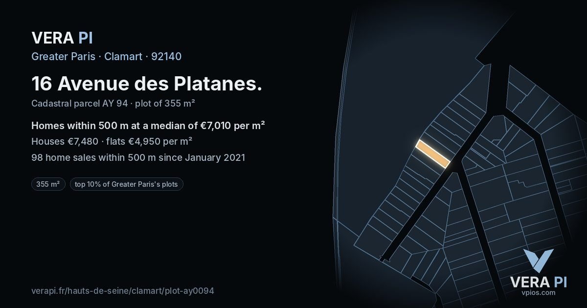 16 Avenue des Platanes, Clamart at night – the plot lit, the parcels around coloured by the prices near them