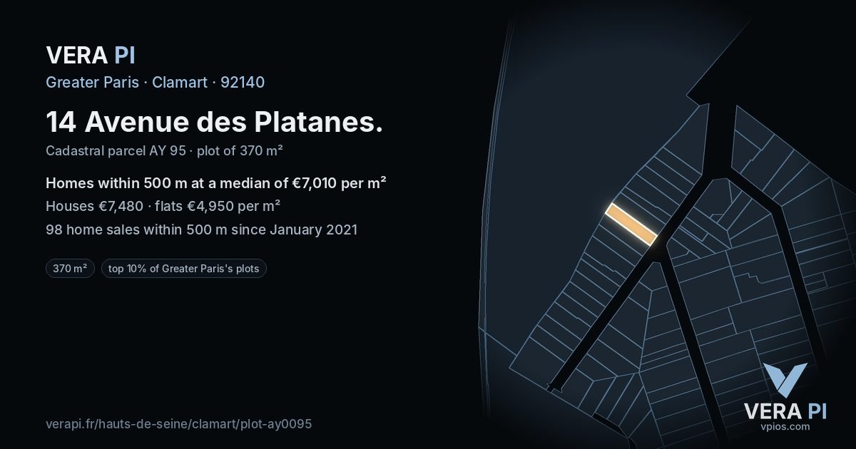 14 Avenue des Platanes, Clamart at night – the plot lit, the parcels around coloured by the prices near them