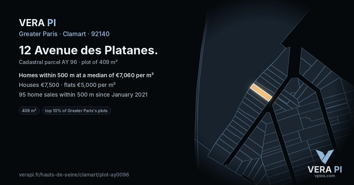12 Avenue des Platanes, Clamart at night – the plot lit, the parcels around coloured by the prices near them