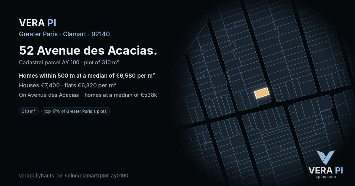 52 Avenue des Acacias, Clamart at night – the plot lit, the parcels around coloured by the prices near them