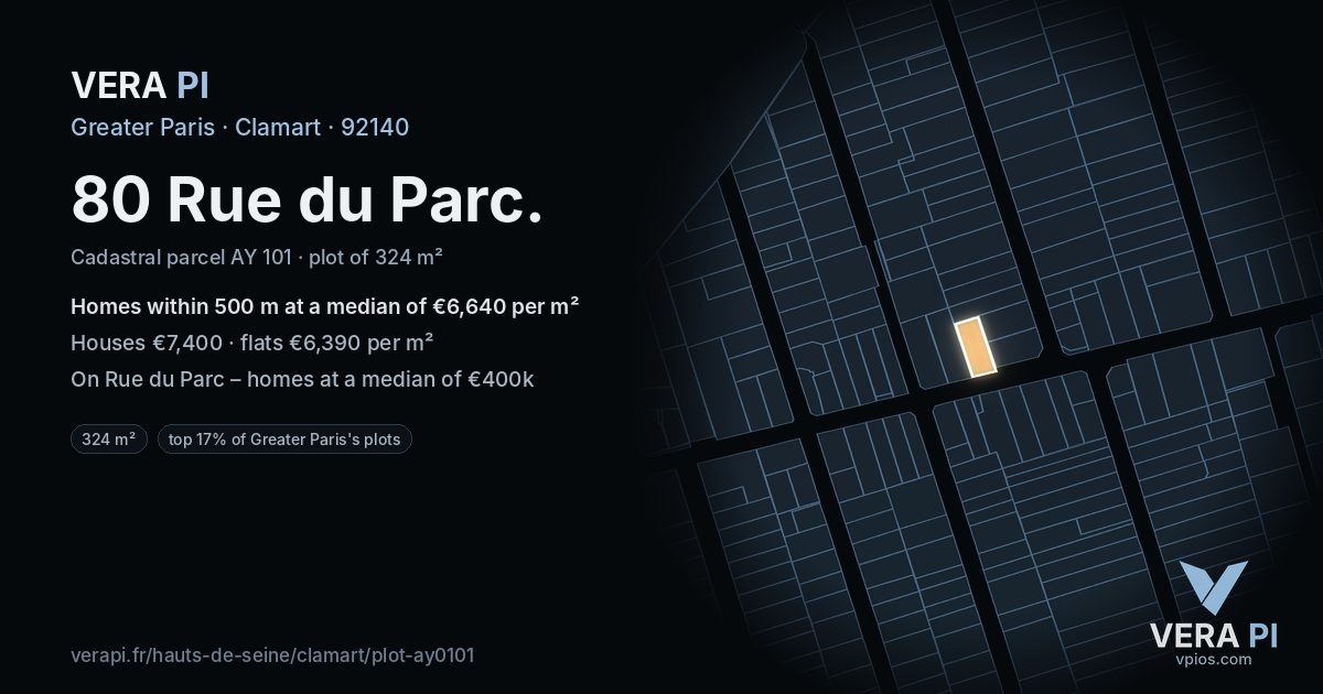 80 Rue du Parc, Clamart at night – the plot lit, the parcels around coloured by the prices near them