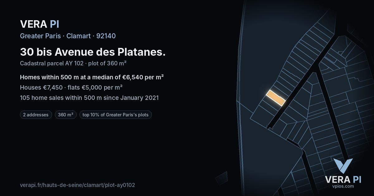 30 bis Avenue des Platanes, Clamart at night – the plot lit, the parcels around coloured by the prices near them