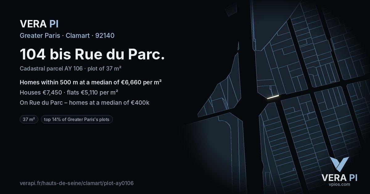 104 bis Rue du Parc, Clamart at night – the plot lit, the parcels around coloured by the prices near them