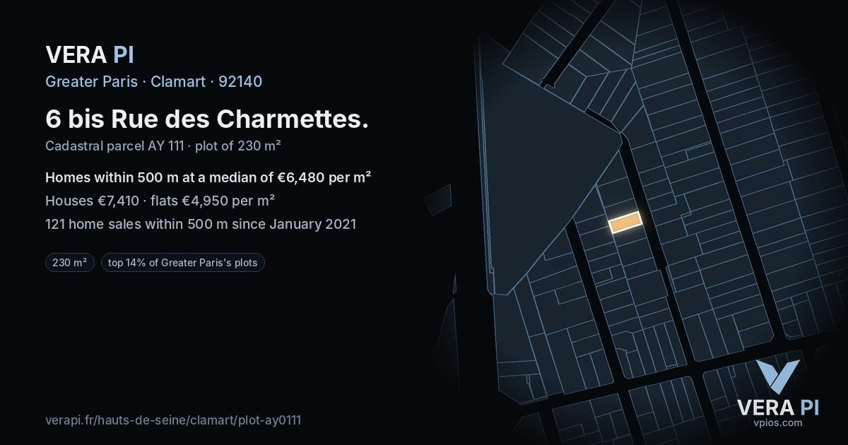 6 bis Rue des Charmettes, Clamart at night – the plot lit, the parcels around coloured by the prices near them