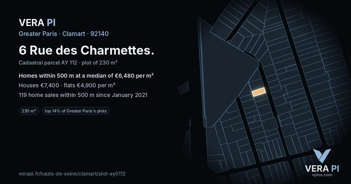 6 Rue des Charmettes, Clamart at night – the plot lit, the parcels around coloured by the prices near them