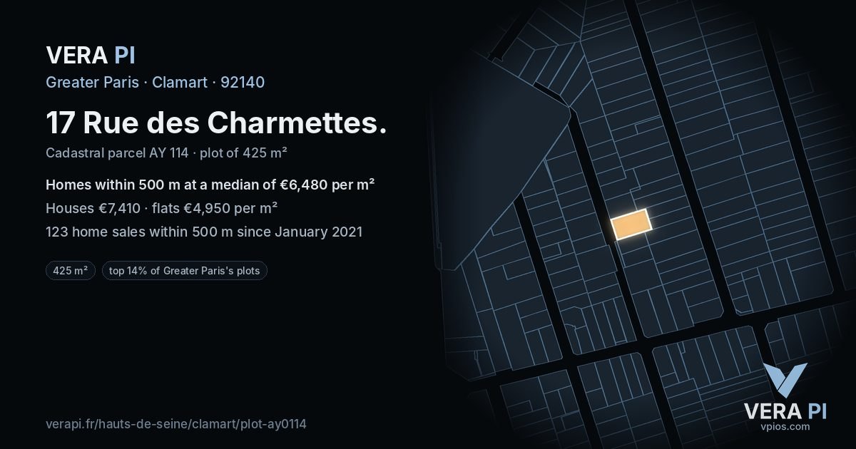 17 Rue des Charmettes, Clamart at night – the plot lit, the parcels around coloured by the prices near them