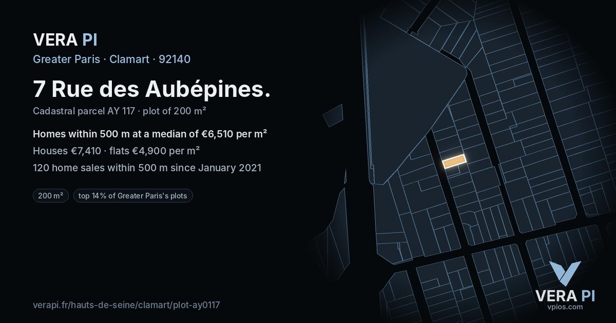 7 Rue des Aubépines, Clamart at night – the plot lit, the parcels around coloured by the prices near them