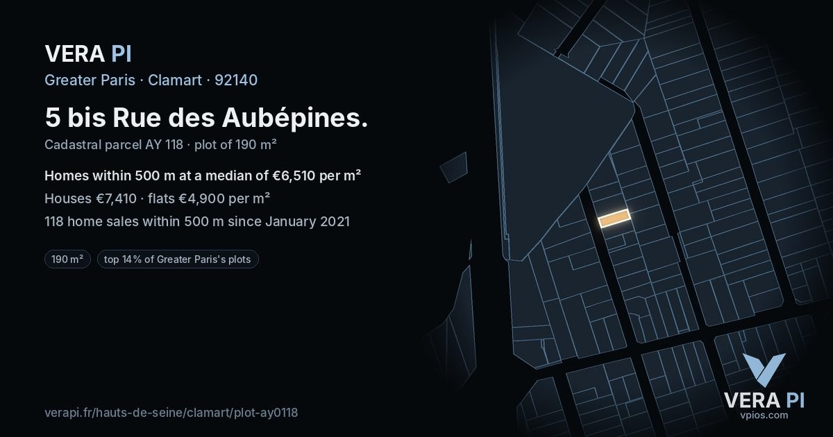 5 bis Rue des Aubépines, Clamart at night – the plot lit, the parcels around coloured by the prices near them