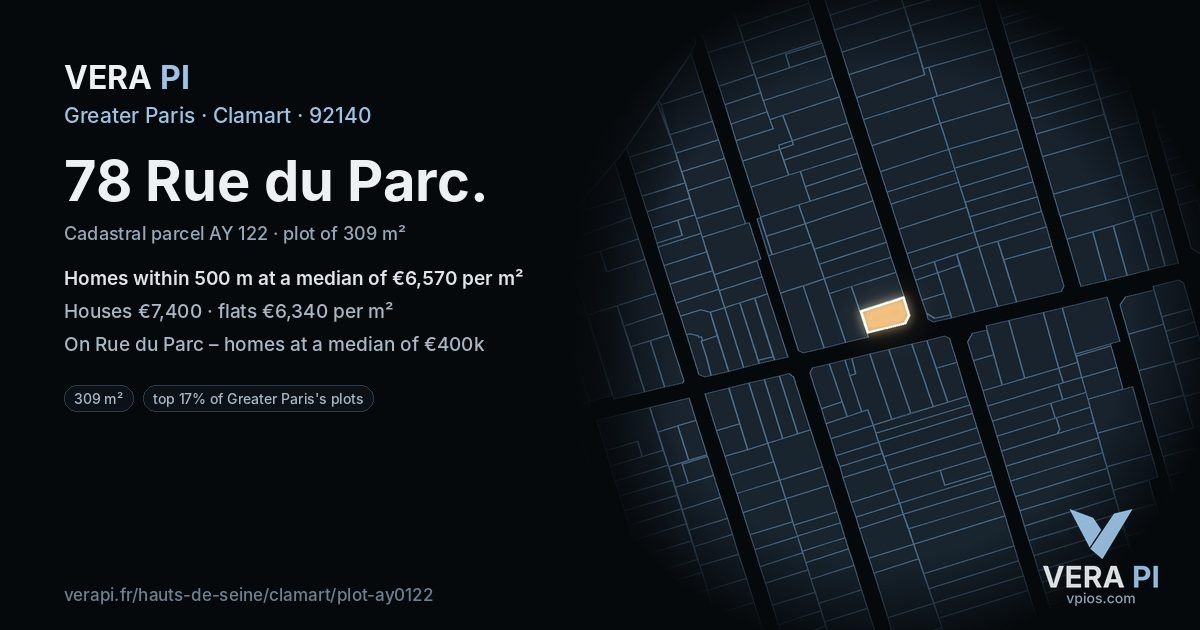 78 Rue du Parc, Clamart at night – the plot lit, the parcels around coloured by the prices near them
