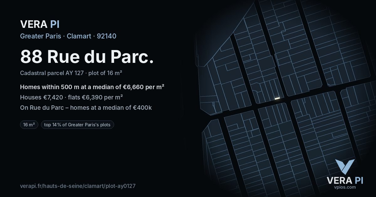 88 Rue du Parc, Clamart at night – the plot lit, the parcels around coloured by the prices near them