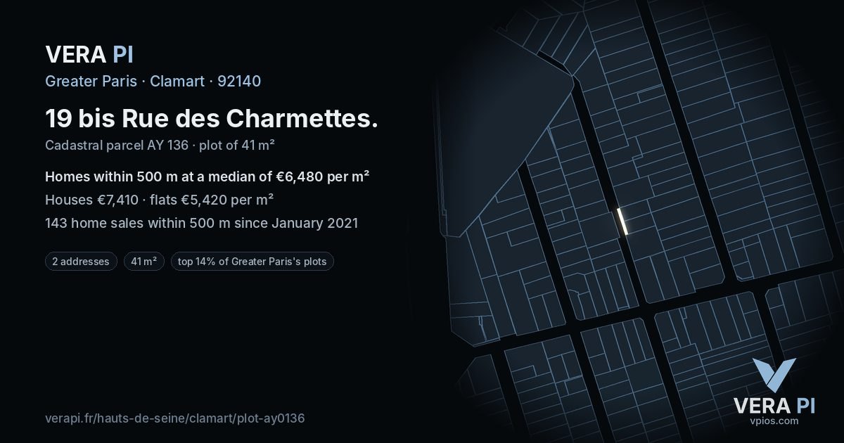 19 bis Rue des Charmettes, Clamart at night – the plot lit, the parcels around coloured by the prices near them