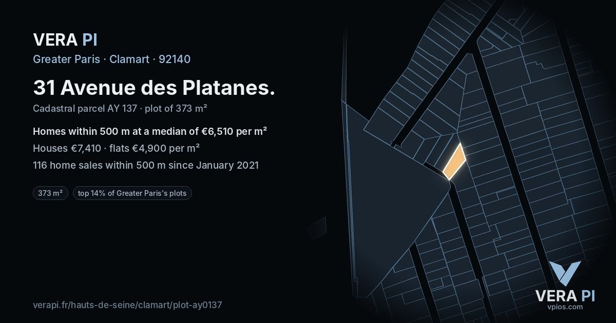 31 Avenue des Platanes, Clamart at night – the plot lit, the parcels around coloured by the prices near them