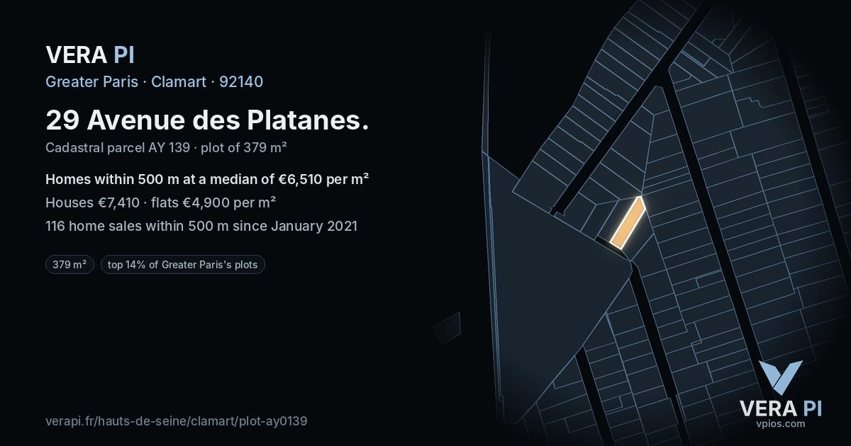 29 Avenue des Platanes, Clamart at night – the plot lit, the parcels around coloured by the prices near them