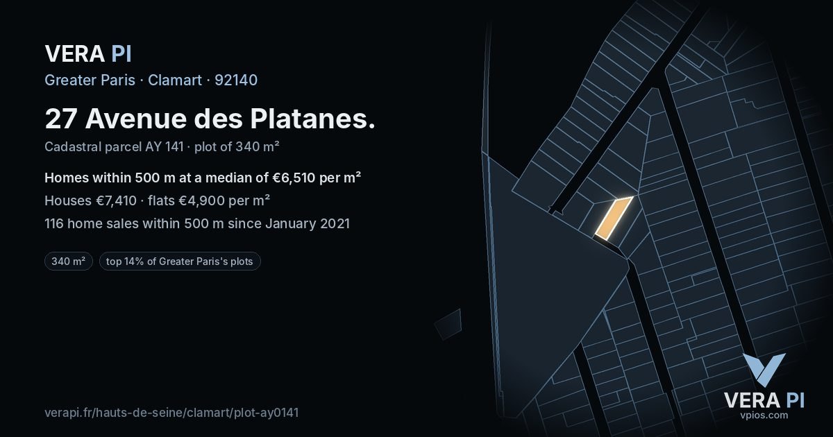 27 Avenue des Platanes, Clamart at night – the plot lit, the parcels around coloured by the prices near them