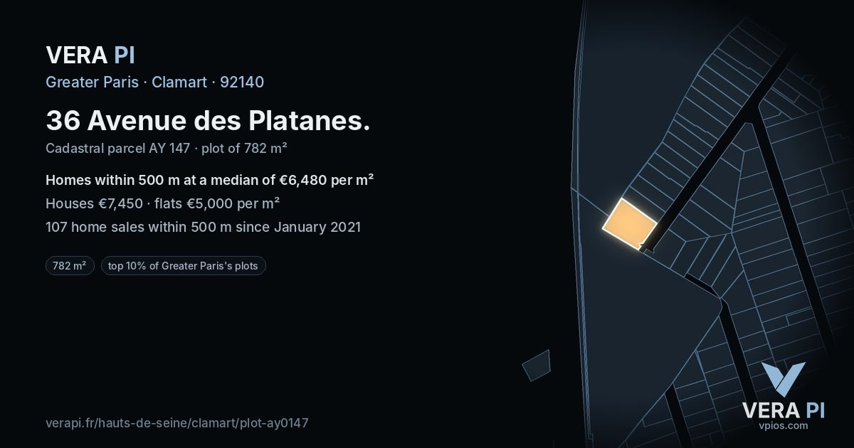 36 Avenue des Platanes, Clamart at night – the plot lit, the parcels around coloured by the prices near them
