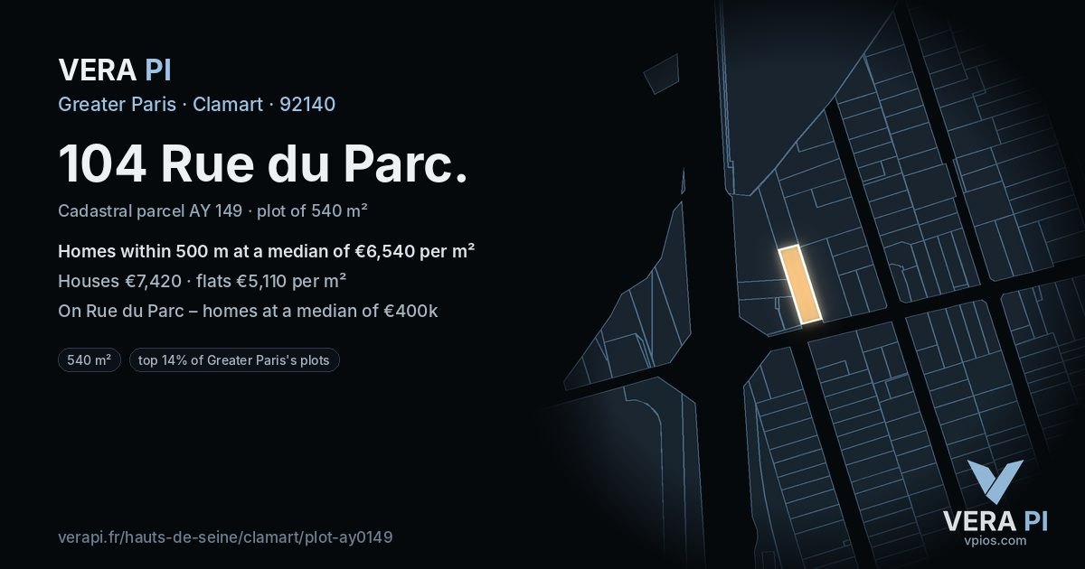 104 Rue du Parc, Clamart at night – the plot lit, the parcels around coloured by the prices near them
