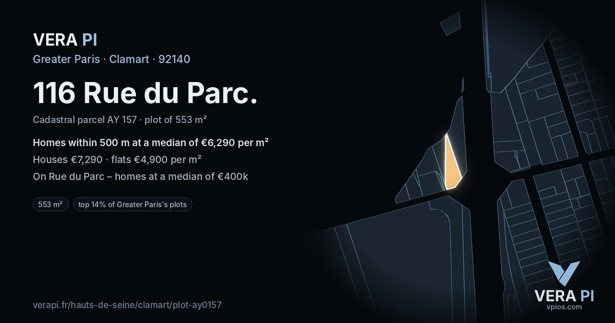 116 Rue du Parc, Clamart at night – the plot lit, the parcels around coloured by the prices near them