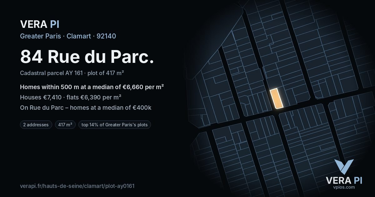 84 Rue du Parc, Clamart at night – the plot lit, the parcels around coloured by the prices near them