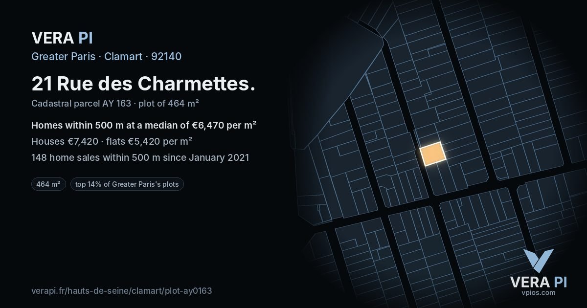 21 Rue des Charmettes, Clamart at night – the plot lit, the parcels around coloured by the prices near them