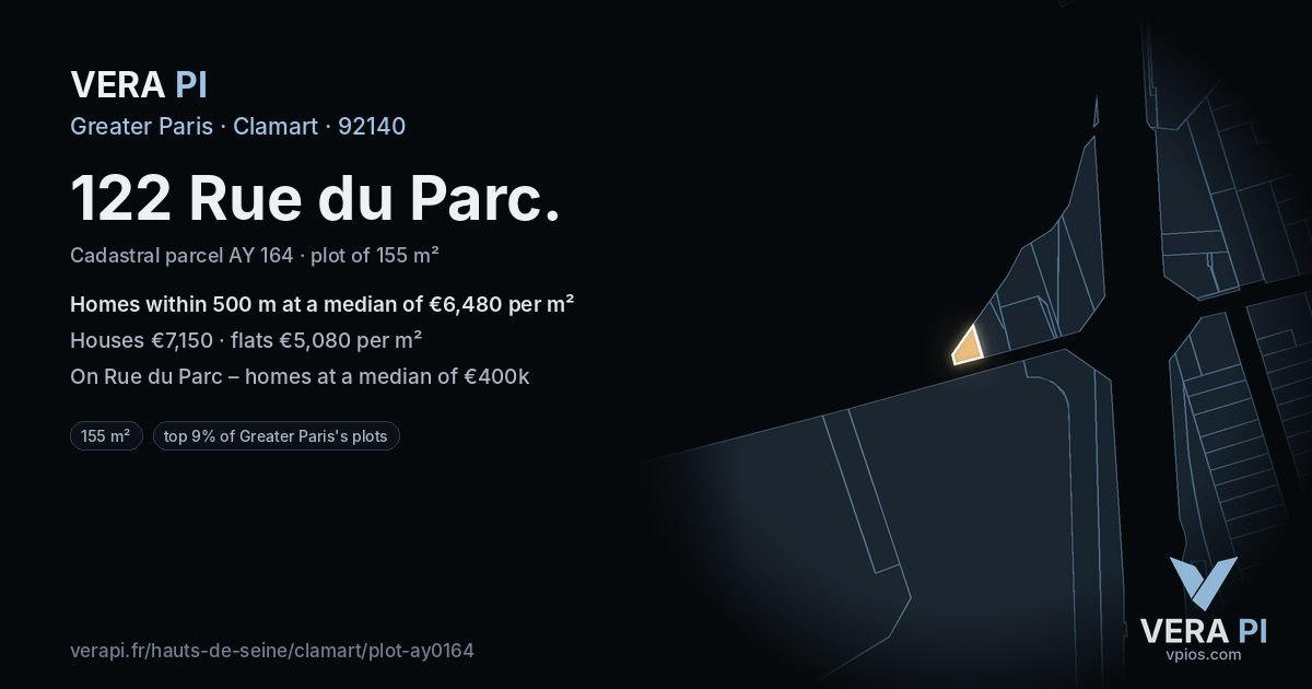 122 Rue du Parc, Clamart at night – the plot lit, the parcels around coloured by the prices near them