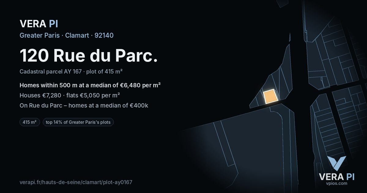 120 Rue du Parc, Clamart at night – the plot lit, the parcels around coloured by the prices near them