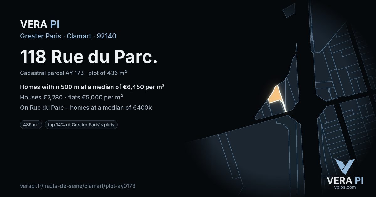 118 Rue du Parc, Clamart at night – the plot lit, the parcels around coloured by the prices near them