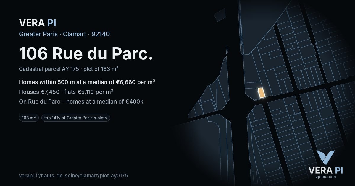106 Rue du Parc, Clamart at night – the plot lit, the parcels around coloured by the prices near them