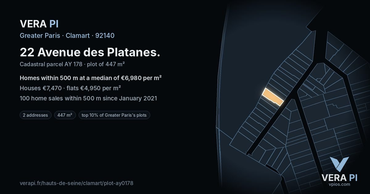 22 Avenue des Platanes, Clamart at night – the plot lit, the parcels around coloured by the prices near them