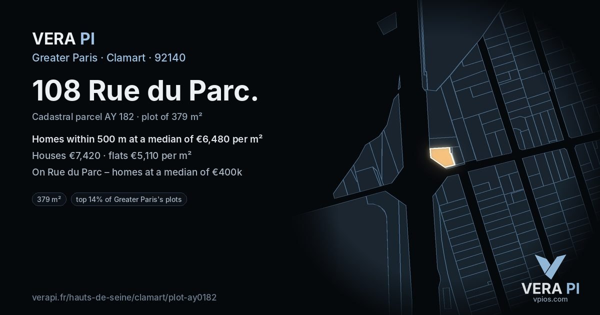 108 Rue du Parc, Clamart at night – the plot lit, the parcels around coloured by the prices near them