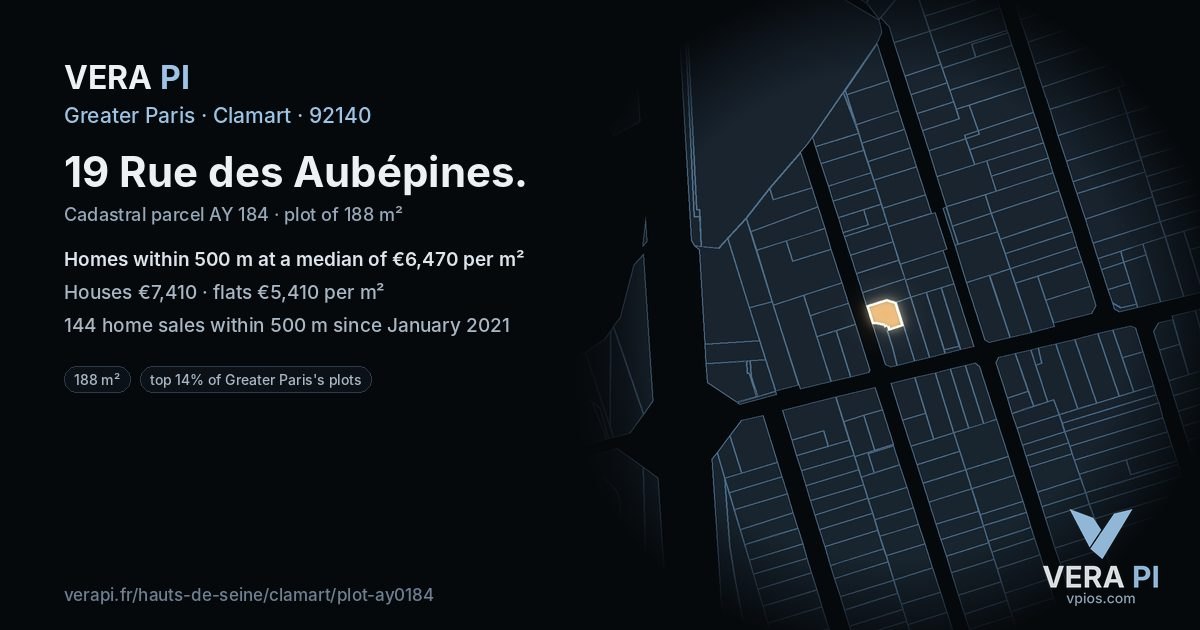19 Rue des Aubépines, Clamart at night – the plot lit, the parcels around coloured by the prices near them