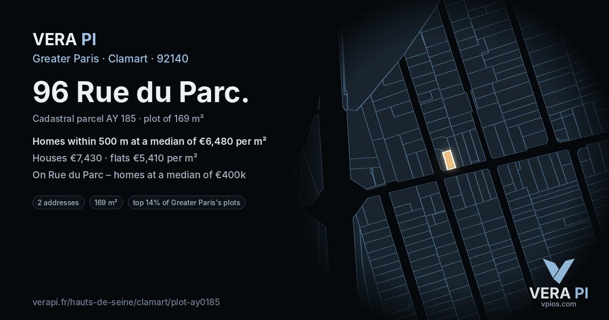 96 Rue du Parc, Clamart at night – the plot lit, the parcels around coloured by the prices near them