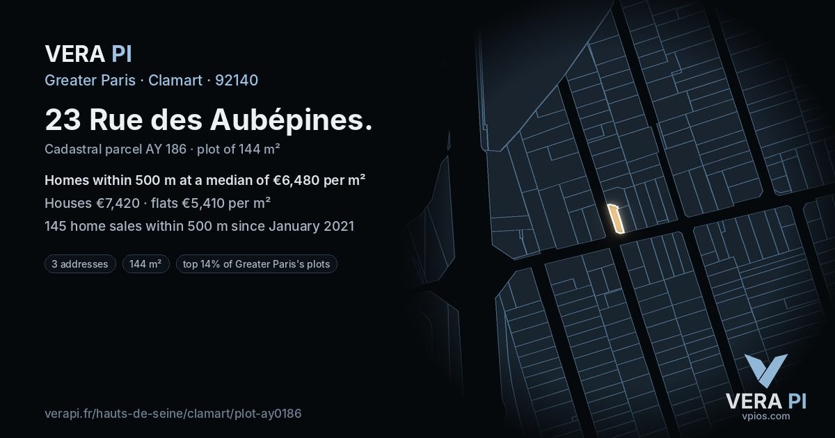 23 Rue des Aubépines, Clamart at night – the plot lit, the parcels around coloured by the prices near them