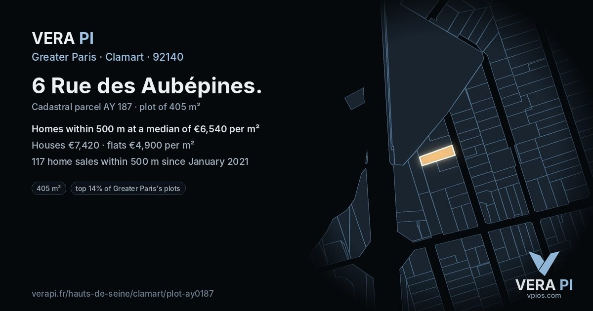 6 Rue des Aubépines, Clamart at night – the plot lit, the parcels around coloured by the prices near them