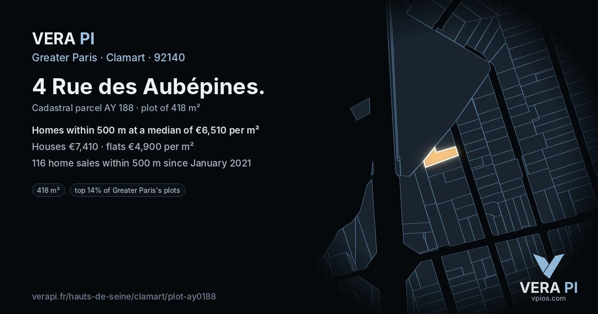 4 Rue des Aubépines, Clamart at night – the plot lit, the parcels around coloured by the prices near them