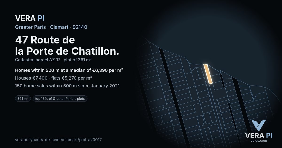 47 Route de la Porte de Chatillon, Clamart at night – the plot lit, the parcels around coloured by the prices near them