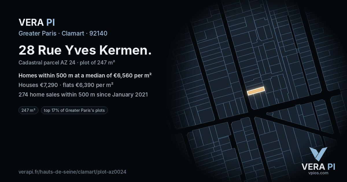 28 Rue Yves Kermen, Clamart at night – the plot lit, the parcels around coloured by the prices near them