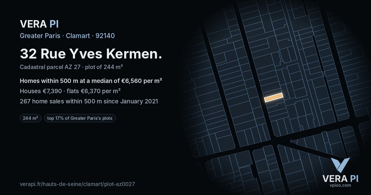 32 Rue Yves Kermen, Clamart at night – the plot lit, the parcels around coloured by the prices near them