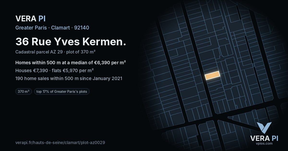 36 Rue Yves Kermen, Clamart at night – the plot lit, the parcels around coloured by the prices near them