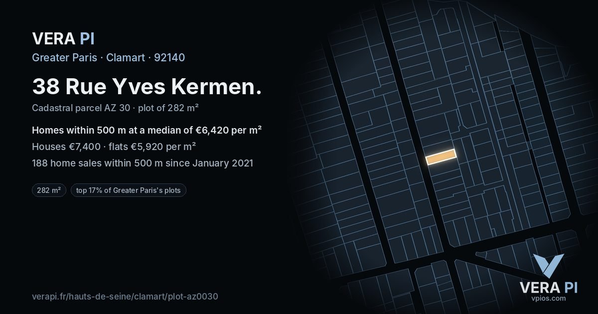 38 Rue Yves Kermen, Clamart at night – the plot lit, the parcels around coloured by the prices near them