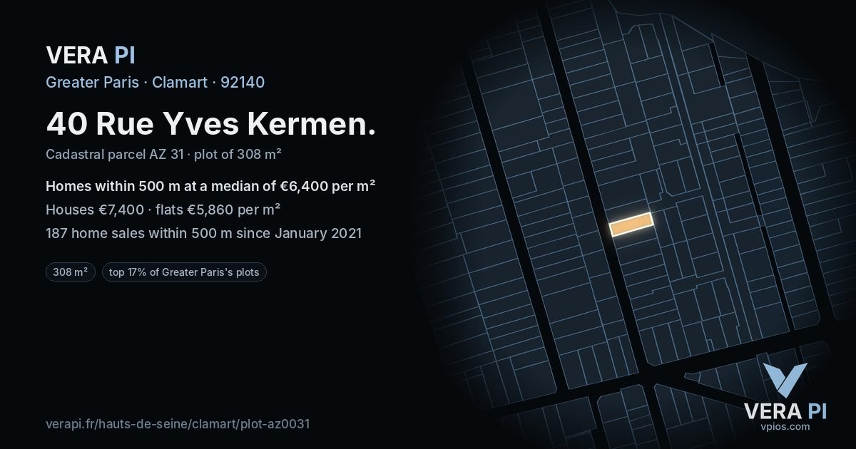 40 Rue Yves Kermen, Clamart at night – the plot lit, the parcels around coloured by the prices near them