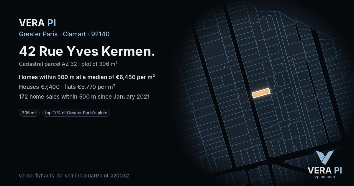 42 Rue Yves Kermen, Clamart at night – the plot lit, the parcels around coloured by the prices near them