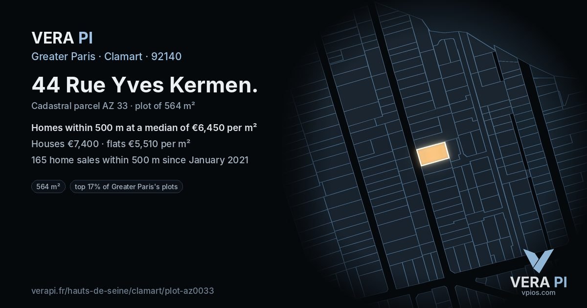 44 Rue Yves Kermen, Clamart at night – the plot lit, the parcels around coloured by the prices near them