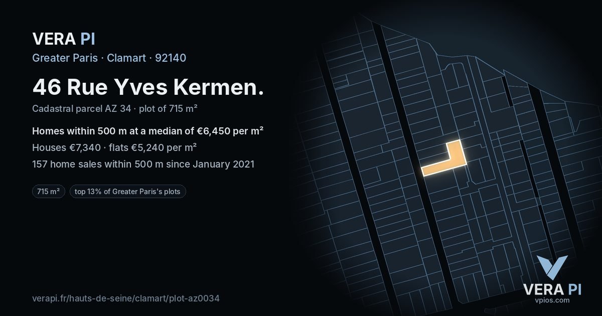 46 Rue Yves Kermen, Clamart at night – the plot lit, the parcels around coloured by the prices near them